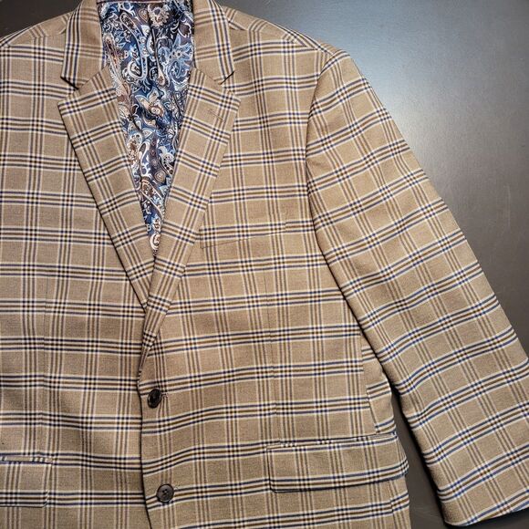 Alan Flusser Mens Paisley Lined 2-Button Blazer Jacket Beige Brown Checked EUC - Picture 1 of 13